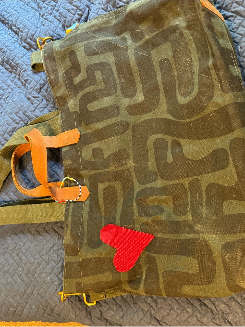 Olive Green Canvas Tote with Red Heart Accent